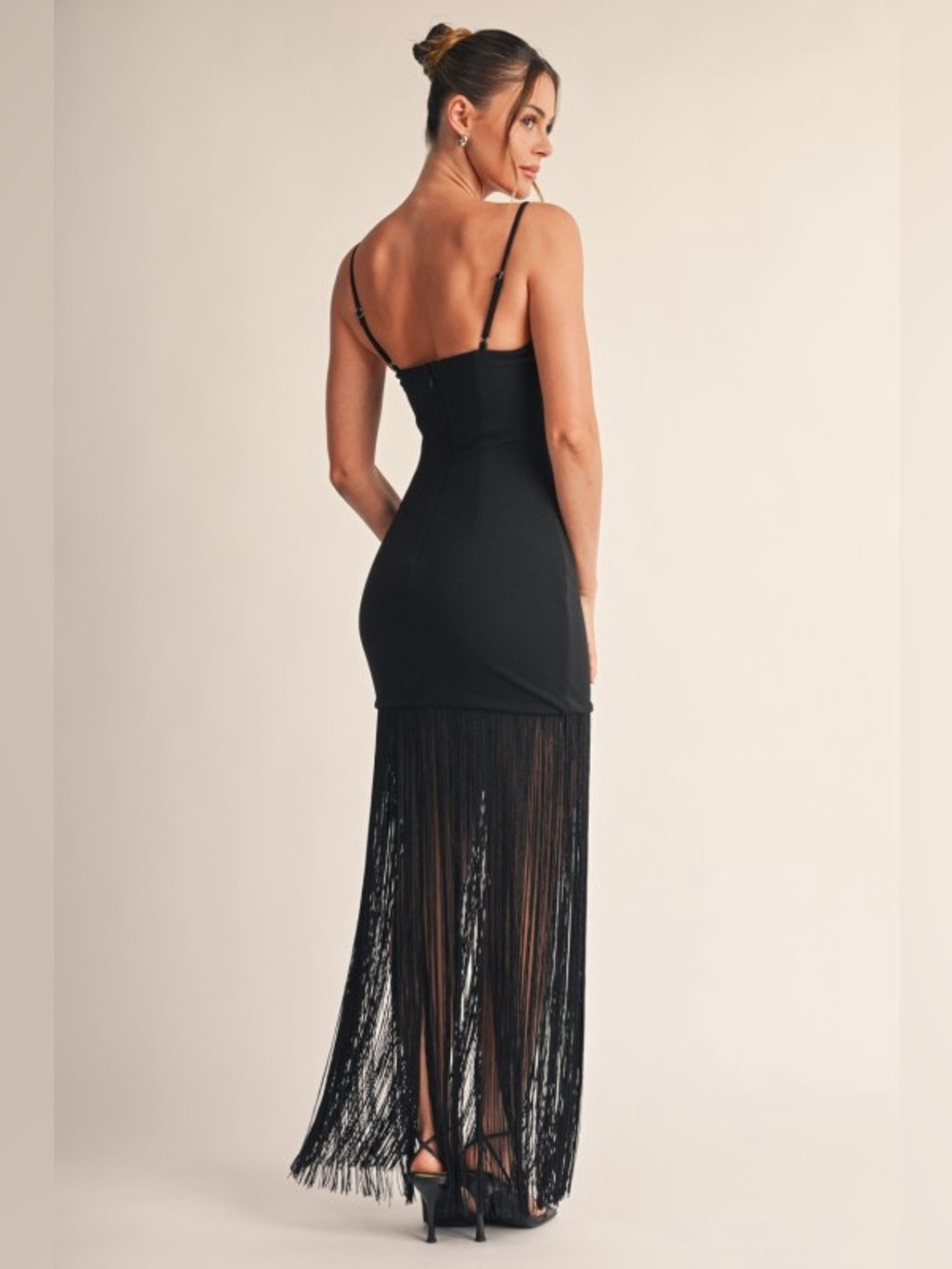 Elegant Black Backless Fringe-Trim Mini Dress